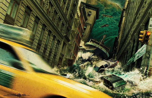 凶猛的海潮冲入纽约市狭窄的街头，似乎正将汽车和建筑物掀翻。（网页截图）